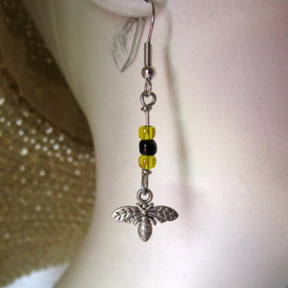 Bee Drop Earrings Handmade 2" Long NWOT
